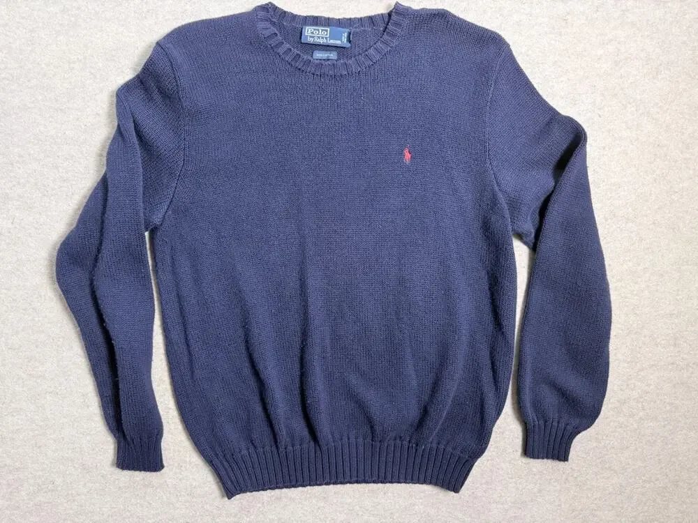 Polo Ralph Lauren Vtg Navy Blue Red Pony Sweater 100% Cotton Made Hong Kong